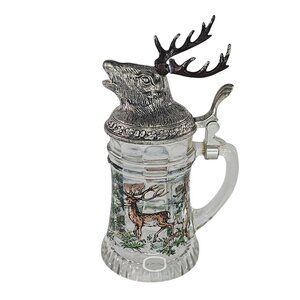 Vintage BMF Schnapskrugerl Mini Glass Stein Pewter Stag Deer Buck Lid